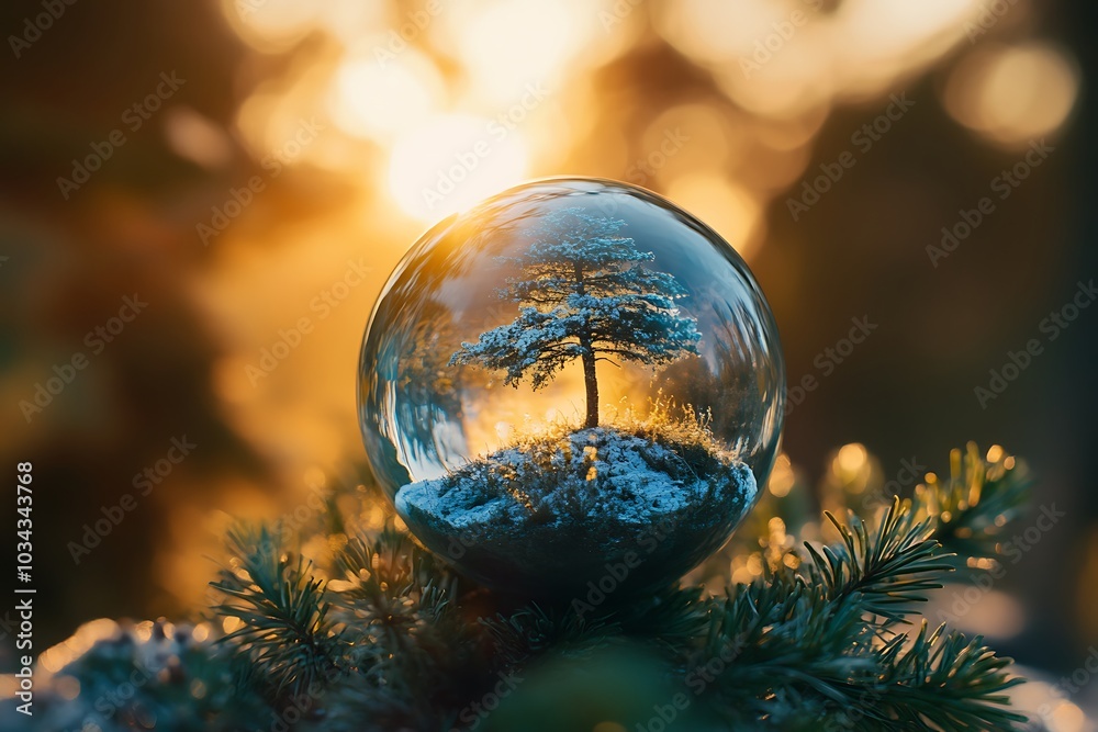 Crystal ball reflecting winter landscape at sunset