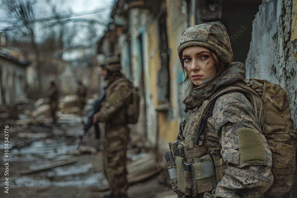 Resolute and Ready: Female Soldier Stands Guard in War-Torn Streets. Resolute and Ready: Female Soldier Stands Guard in War-Torn Streets.