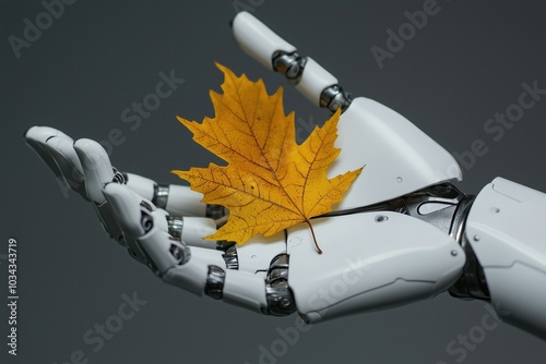 Close-up of a sleek robotic hand holding a yellow maple leaf. Concept of technology blending with nature and seasonal change photo