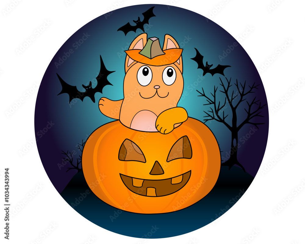 Φωτογραφία A cat sitting in a Halloween pumpkin and bats on the background of an ominous night - vector full color illustration