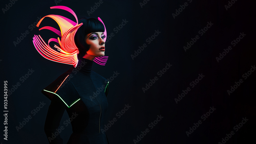 Attraktives Model präsentiert außergewöhnliche Mode mit schwungvollem Design. Avantgarde-Outfit für Modemagazin-Shooting. Kreative Haute Couture. Trendige Fashion-Fotografie Attraktives Model präsentiert außergewöhnliche Mode mit schwungvollem Design. Avantgarde-Outfit für Modemagazin-Shooting. Kreative Haute Couture. Trendige Fashion-Fotografie
