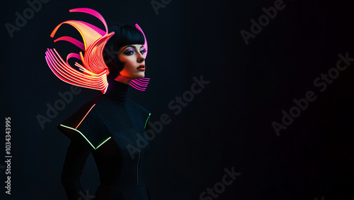 Attraktives Model präsentiert außergewöhnliche Mode mit schwungvollem Design. Avantgarde-Outfit für Modemagazin-Shooting. Kreative Haute Couture. Trendige Fashion-Fotografie