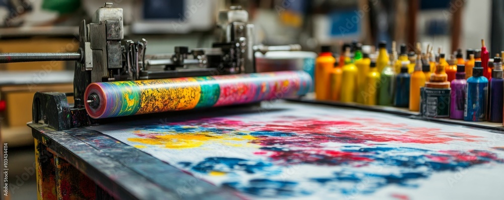 A printing press with colorful ink and paper. A printing press with colorful ink and paper.