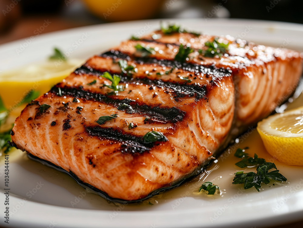 close-up of perfectly grilled salmon fillet on a white plate close-up of perfectly grilled salmon fillet on a white plate