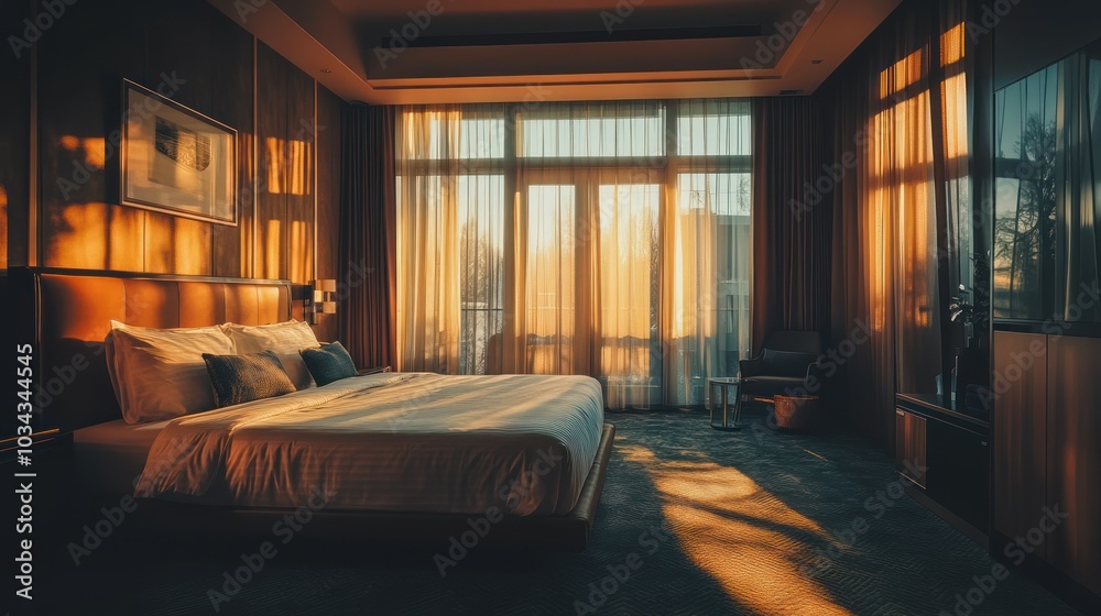 Sunlit Bedroom Interior with King-Sized Bed and Large Windows Sunlit Bedroom Interior with King-Sized Bed and Large Windows