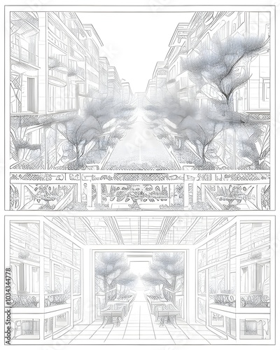 Illustration of a street with trees and plants on a white background