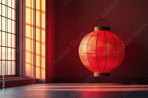 Elegant Illumination: Red Paper Lantern in Minimalist Japanese Interior at Sunset