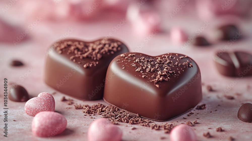 Valentine's Day. Romantic Heart Chocolates with Pink Candy Hearts on Soft Pink Background Valentine's Day. Romantic Heart Chocolates with Pink Candy Hearts on Soft Pink Background