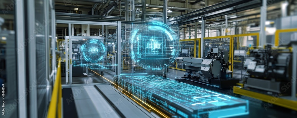 Factory floor with digital interface overlay. Factory floor with digital interface overlay.