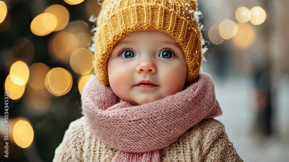 A baby girl in a yellow hat and pink scarf looks directly at the camera in front of a blurred background of lights A baby girl in a yellow hat and pink scarf looks directly at the camera in front of a blurred background of lights