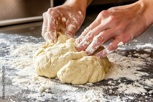 Baker kneading dough on table covered with flour