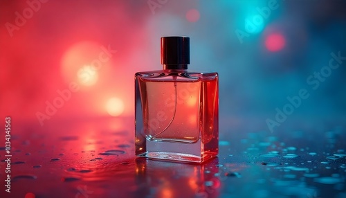 Elegant Perfume on a table with colourful lights photo