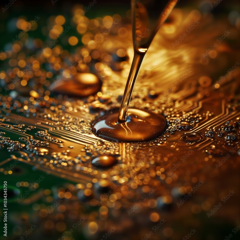 Liquid on circuit board. A viscous liquid is poured onto a circuit board, creating a dramatic, abstract scene.