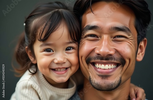 Young Asian father hugging his child outdoors, both laughing, having fun, wonderful relationship