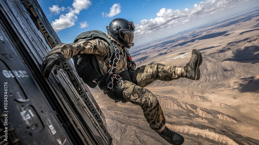 Paratrooper Leans Out of Open Aircraft Door Over Desert Landscape Paratrooper Leans Out of Open Aircraft Door Over Desert Landscape