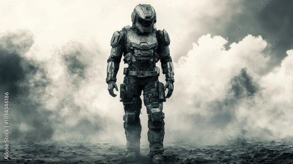 Futuristic Soldier Walking Through Smoke and Mist Futuristic Soldier Walking Through Smoke and Mist