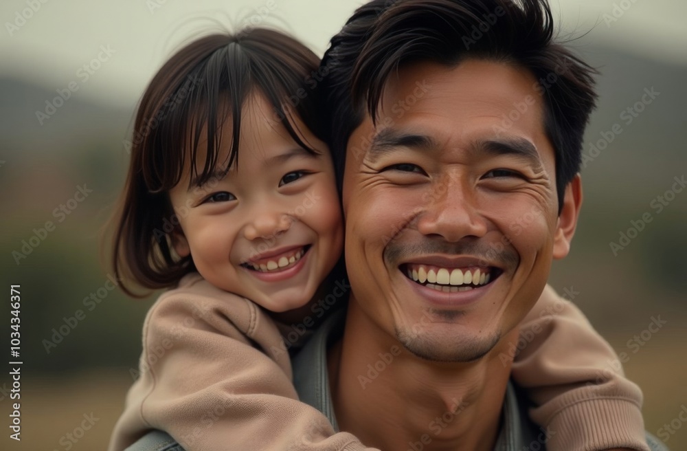 Young Asian father hugging his child outdoors, both laughing, having fun, wonderful relationship Young Asian father hugging his child outdoors, both laughing, having fun, wonderful relationship