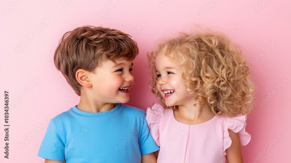 Two happy kids playing together in a joyful moment against a pastel background Two happy kids playing together in a joyful moment against a pastel background