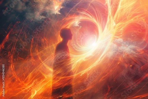 A solitary figure gazes upward, engulfed in swirling colors and cosmic energy, creating a mystical atmosphere during a breathtaking twilight moment.
