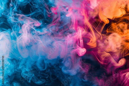 Vibrant swirls of smoke in shades of blue, pink, and orange intertwine, forming an abstract pattern that captivates the viewer's imagination and highlights fluid movement.