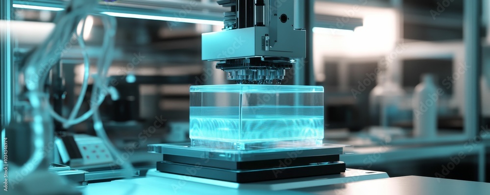 A robotic arm holding a glass container filled with liquid.