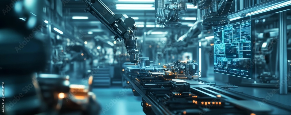 Automated factory with robotic arm and digital display. Automated factory with robotic arm and digital display.