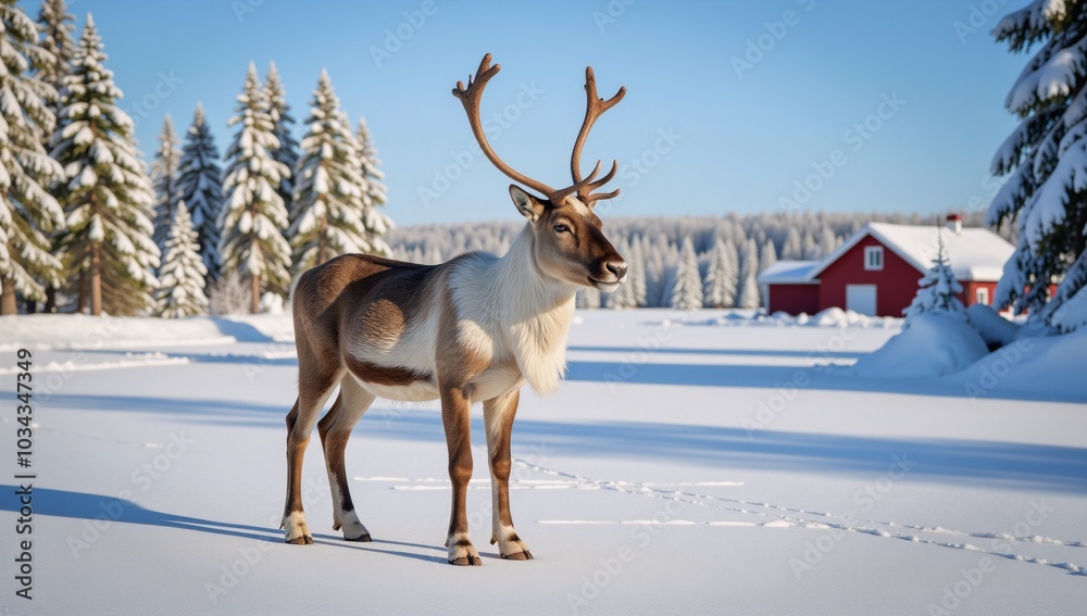 Reindeer without horns in winter farm landscape Finnish Lapland High-Definition Realism Reindeer without horns in winter farm landscape Finnish Lapland High-Definition Realism