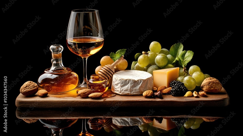 Naklejka premium A hand dips a honey dipper into golden honey, with two glasses of white wine and a cheese wedge placed next to assorted nuts and ripe grapes on a wooden table