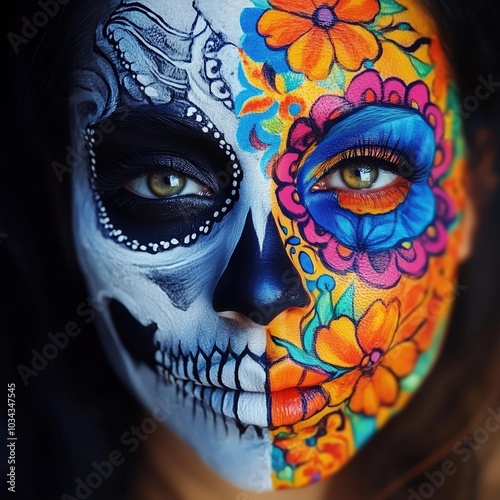Colorful dia de los muertos face paint with vibrant floral and skull design