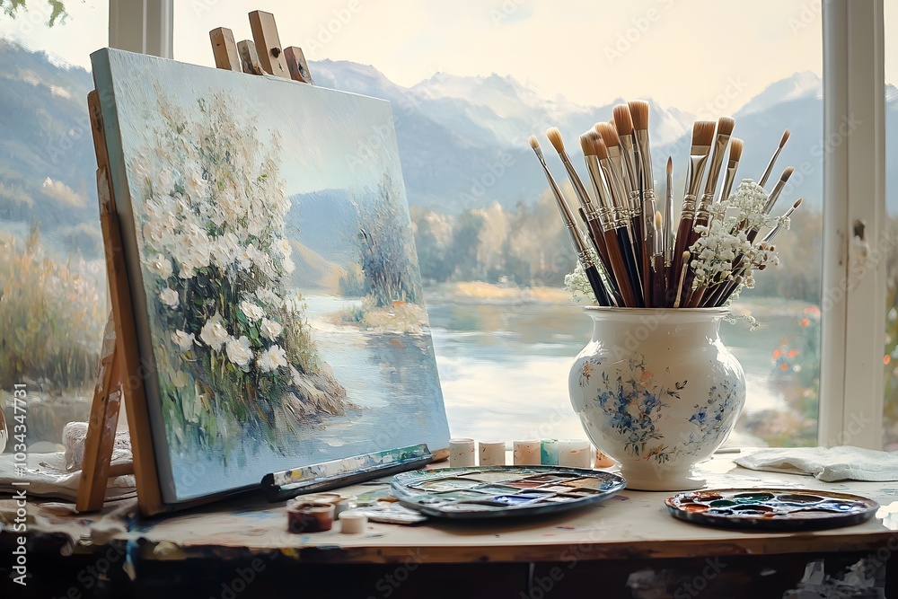 An artist's studio with paintbrushes in a decorative vase and a canvas depicting serene flowers by a river, set against a backdrop of rolling mountains seen through large windows. An artist's studio with paintbrushes in a decorative vase and a canvas depicting serene flowers by a river, set against a backdrop of rolling mountains seen through large windows.