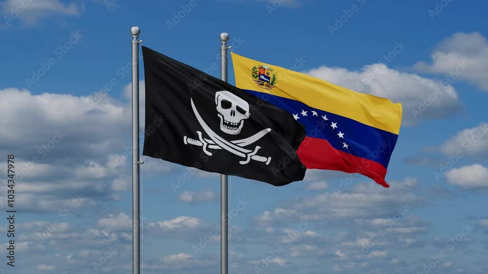 Venezuela and Corsair flags flying together, video concept of the relationship