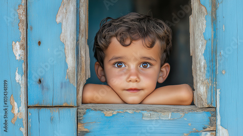 A child peering out of a broken window in a poor neighborhood, symbolizing the cycle of poverty. Copy space, poverty photo