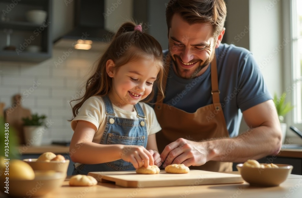 Young father and daughter in the kitchen having fun baking, laughing, great relationship Young father and daughter in the kitchen having fun baking, laughing, great relationship
