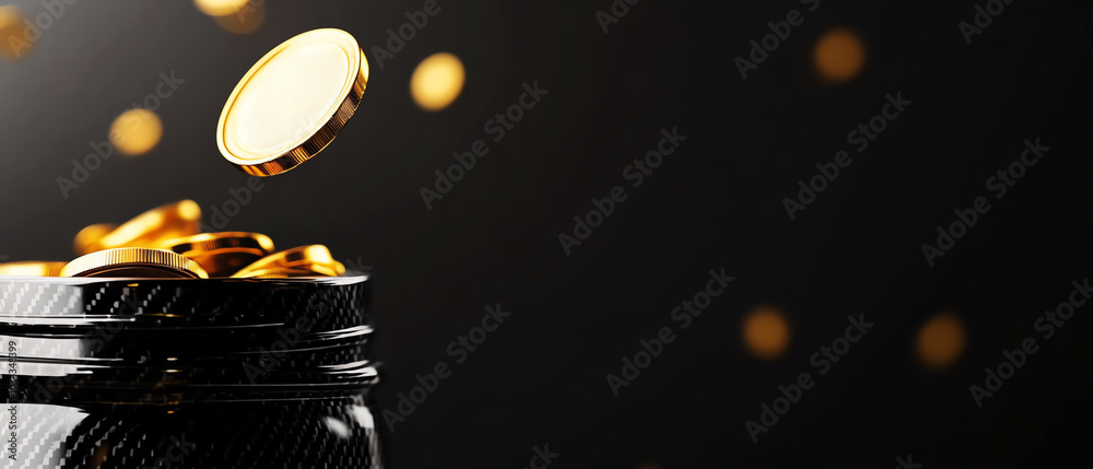 Gold coins falling into black jar. Gold coins falling into black jar.