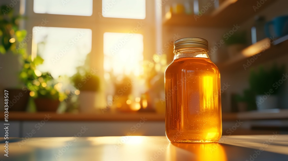 Honey jar in sunlight on kitchen table Honey jar in sunlight on kitchen table