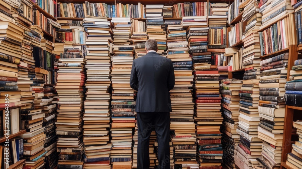 Obraz premium Man Standing Between Two Stacks of Books