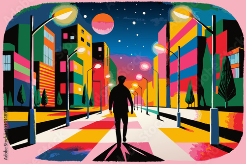 Colorful Urban Nightscape with Solitary Pedestrian