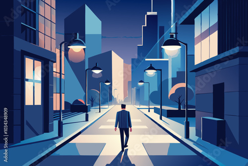 Solitary Man Walking in Urban Night Setting Amidst City Lights