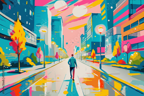Man Walking Alone on a Colorful Urban Street at Sunset