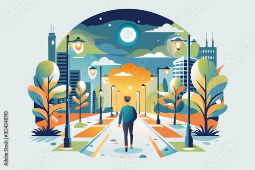 Modern Cityscape at Twilight with Pedestrian on Pathway