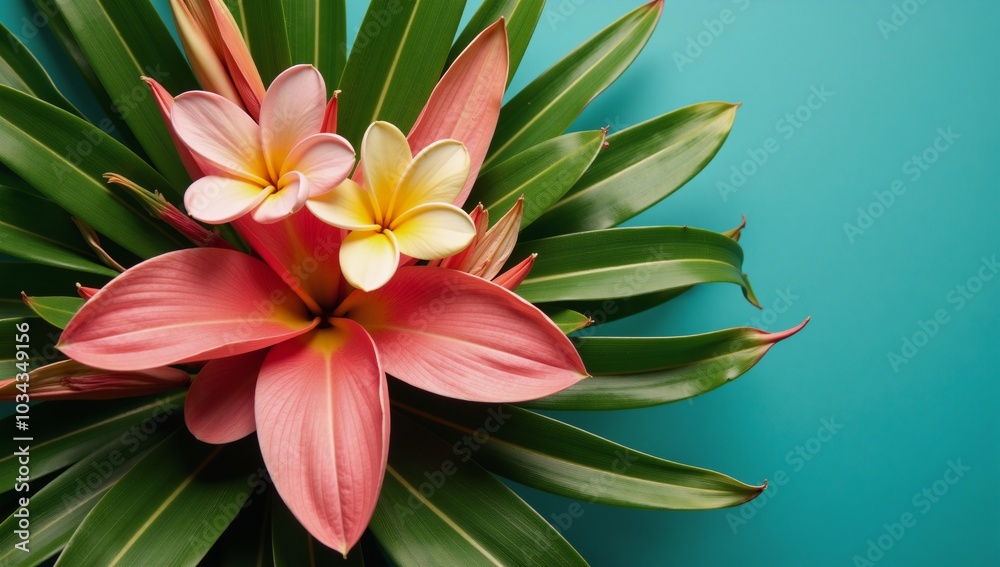 A layered tropical leaf and flower composition with soft hues A layered tropical leaf and flower composition with soft hues