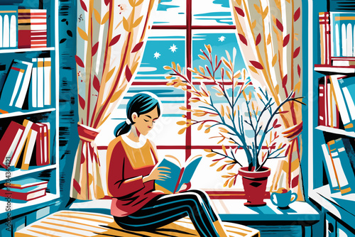 Serene Woman Reading by the Window in Cozy Room