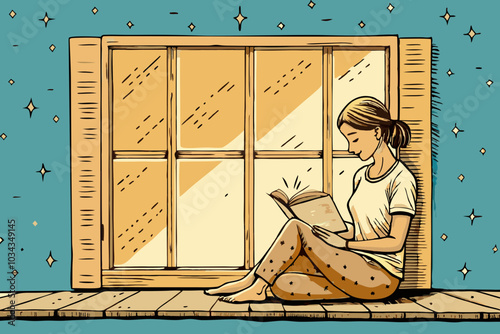 Serene Evening Reading by the Window Illustration