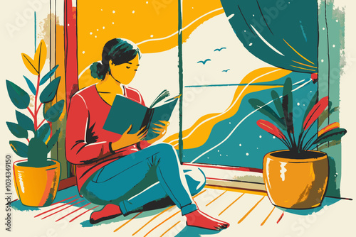 Serene Woman Reading by the Window in Colorful Illustration