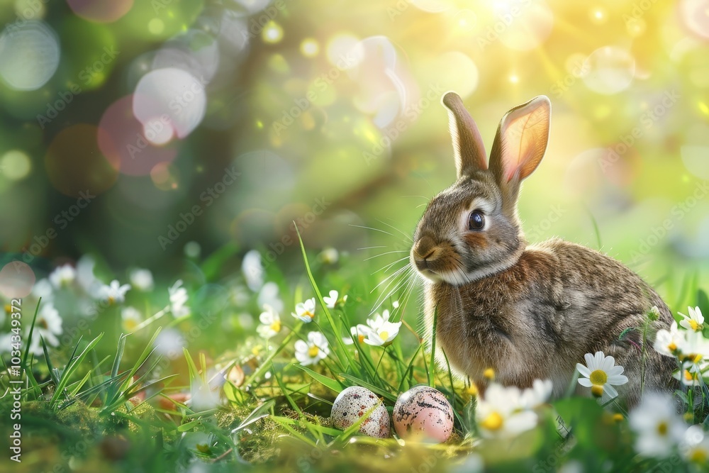A cute rabbit sits among blooming flowers and colorful Easter eggs on a sunny spring day, enjoying the vibrant atmosphere of nature. A cute rabbit sits among blooming flowers and colorful Easter eggs on a sunny spring day, enjoying the vibrant atmosphere of nature.