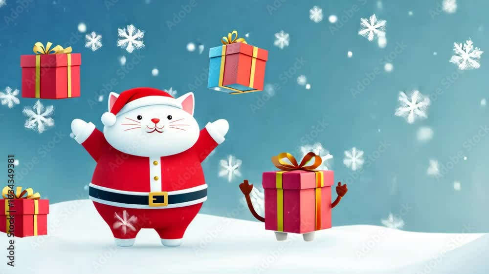 Cute santa cat juggling gifts in a winter wonderland Cute santa cat juggling gifts in a winter wonderland