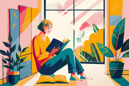 Serene Woman Reading by Window in Stylish Interior