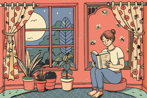 Serene Evening Reading by the Window in a Cozy Room