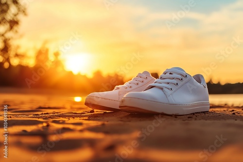 Sneakers on beach at sunset, serene view photo