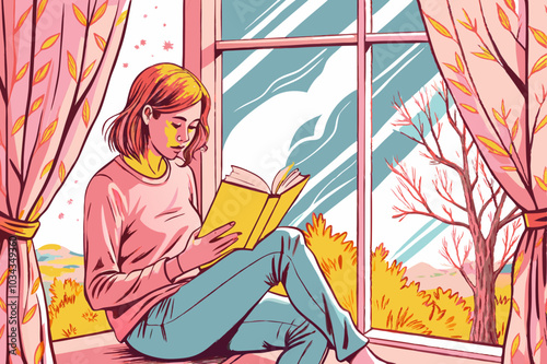 Serene Woman Reading by Sunny Window with Fall Foliage